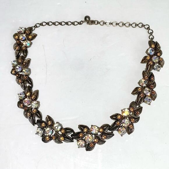 Vintage FLORENZA Necklace Aurora Borealis Crystal Leaf Floral Rhinestone Choker - Picture 2 of 9